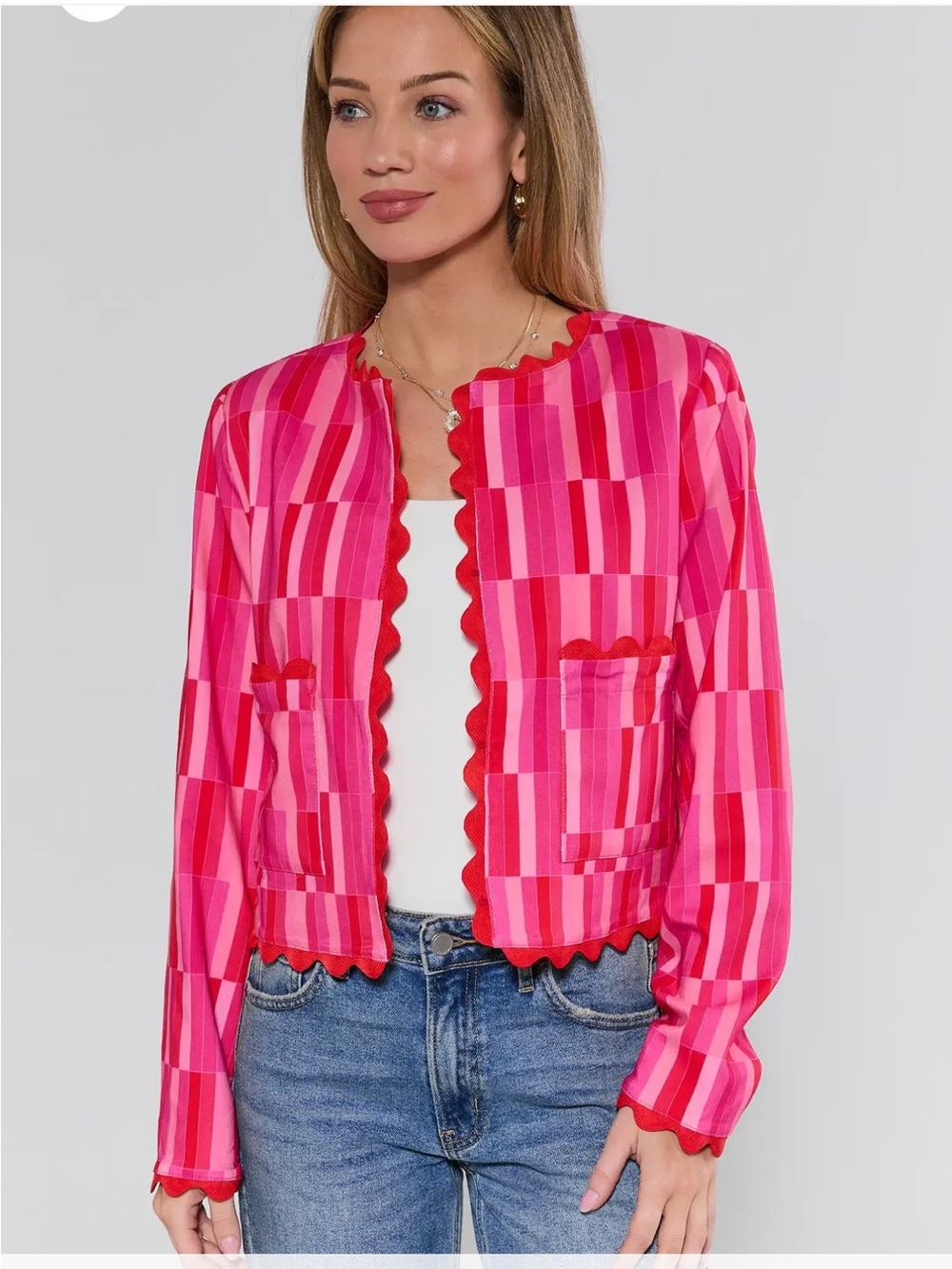 Striped Scallop-Trim Cropped Blazer in Hot Pink & Red